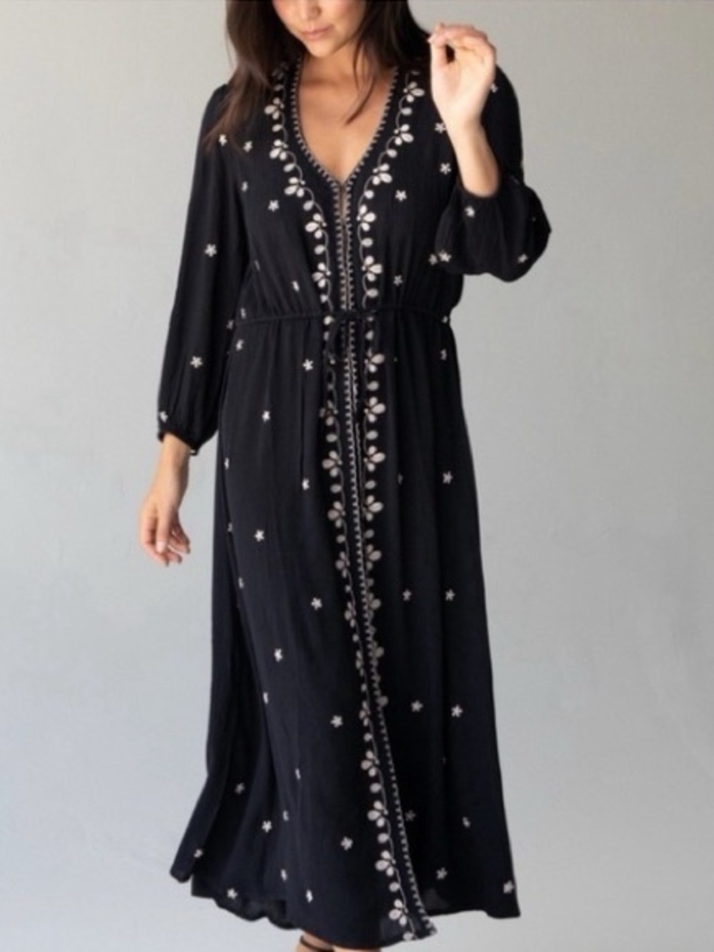 Natural Life Embroidered Black Floral Duster Kimono Maxi XS